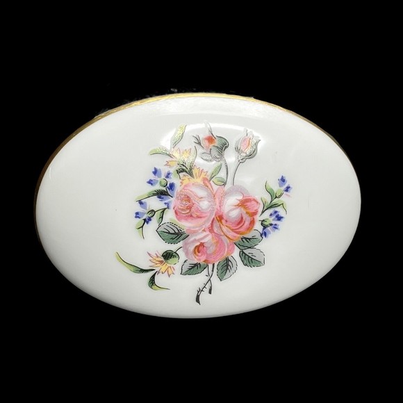 Haviland Limoges Oval Trinket Box Hand Painted Pink Yellow Flowers Gold Trim - Picture 2 of 10